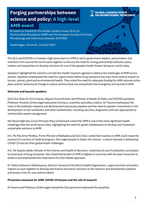 Report of the GLG-ESCMID 'Forging partnerships between science and policy: A high-level AMR event'