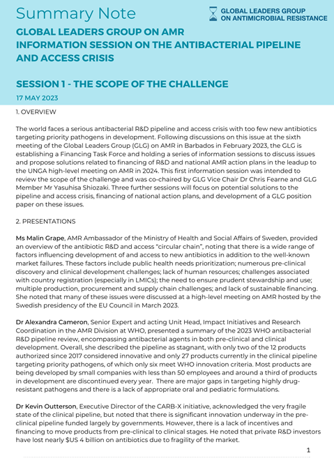 Summary note of the first information session on the antibacterial pipeline and access crisis
