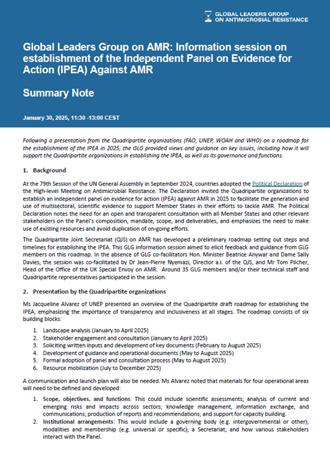 Summary note for the Information session on establishment of the Independent Panel on Evidence for Action (IPEA) Against AMR